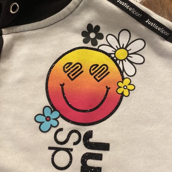 Justice Sport Girls Sweatshirt Colorblock Black daisy smile active - Picture 6 of 8
